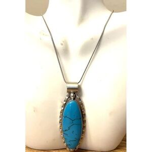 Large Oval Turquoise Pendant 19 in Necklace 925 Silver Fluted Edges Mexico